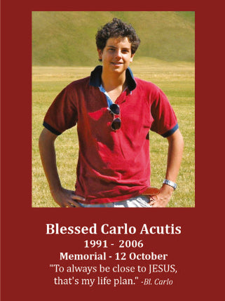 Memorial portrait of Blessed Carlo Acutis with a red border and text.