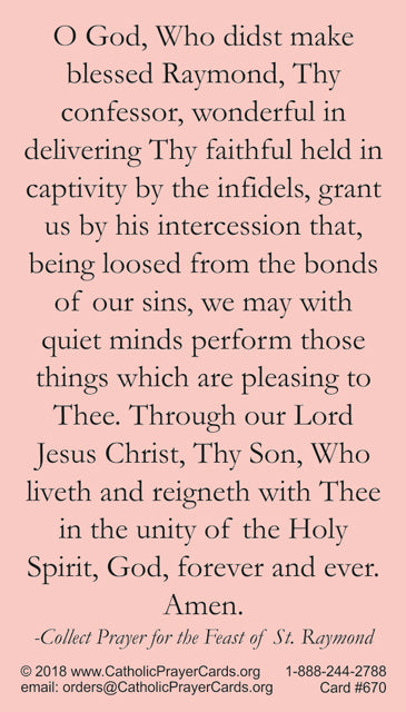 St Ramon Prayer Work St. Raymond Nonnatus Prayer Card (PC-670) – TheHolyCardCompany